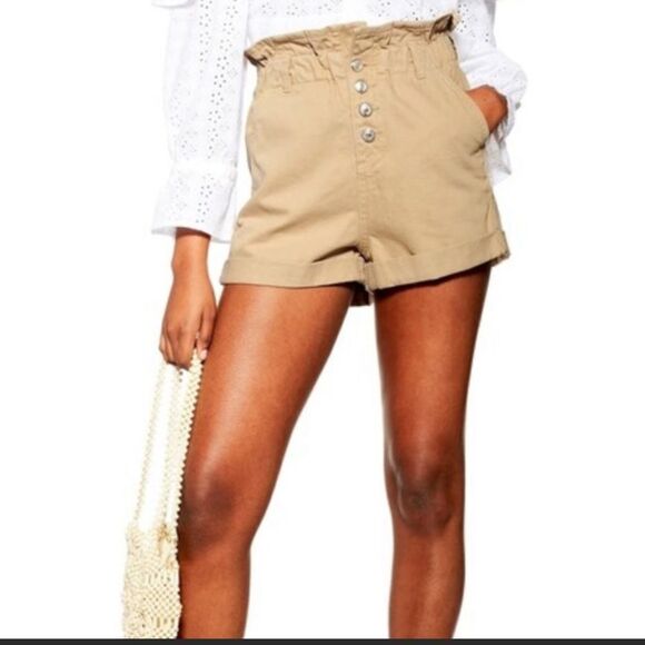 Topshop Paperbag Khaki Denim Shorts Size 2 - Picture 1 of 7